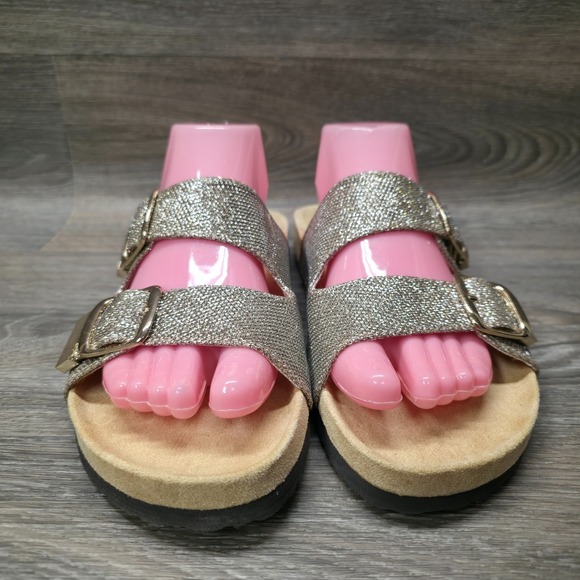 White Mountain Horizon Footbed Sandals Womens 9 Gold Glitter Slide Double Buckle - Picture 2 of 14